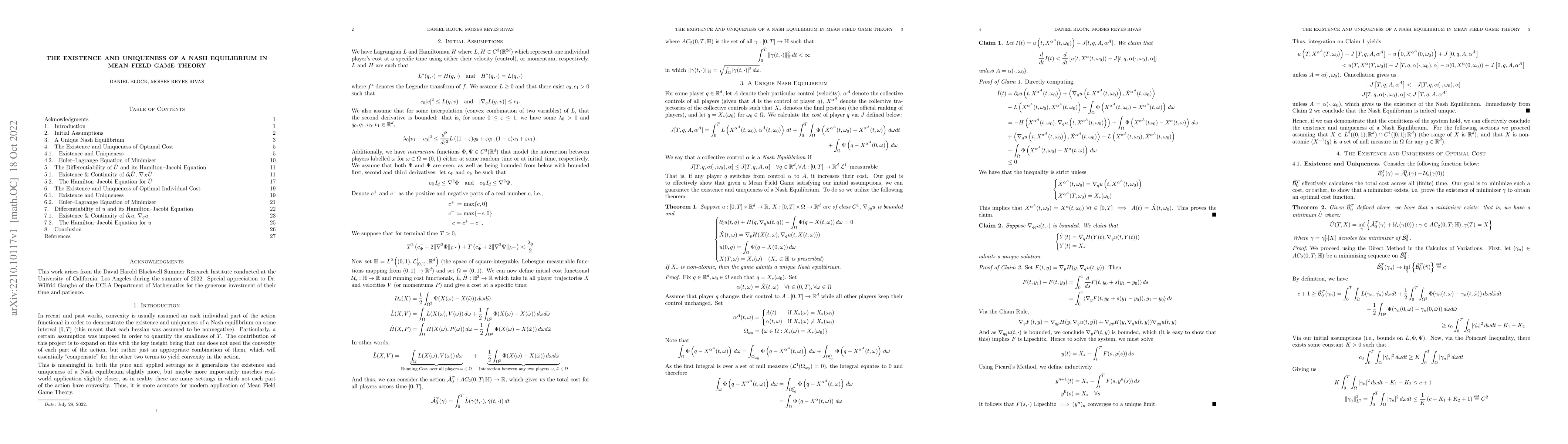 Thumbnail for The Existence and Uniqueness of a Nash Equilibrium in Mean Field Game
  Theory