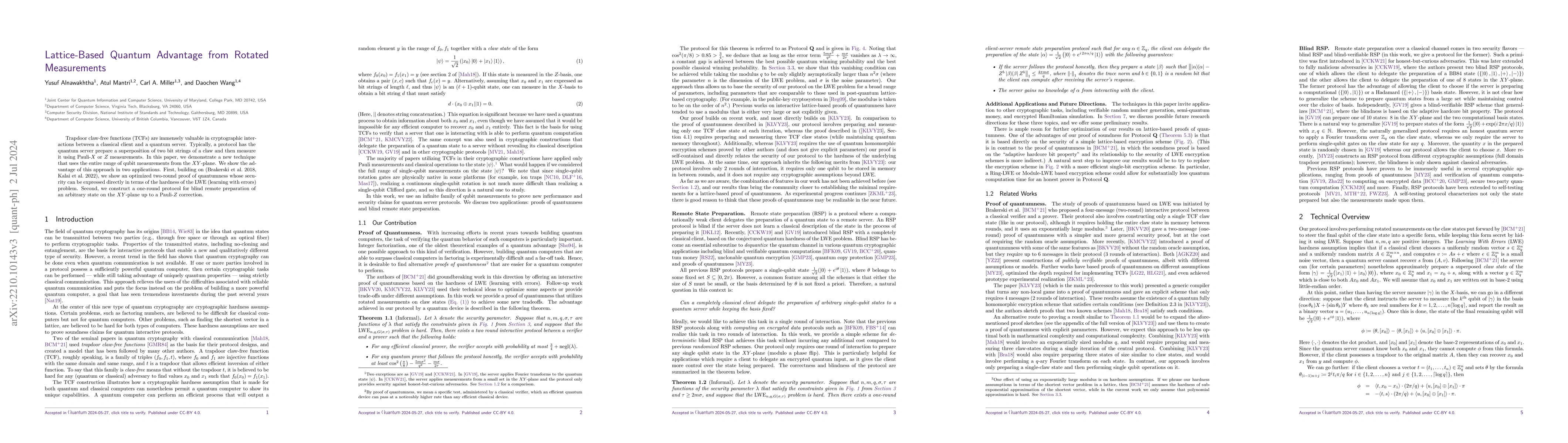Thumbnail for Lattice-Based Quantum Advantage from Rotated Measurements