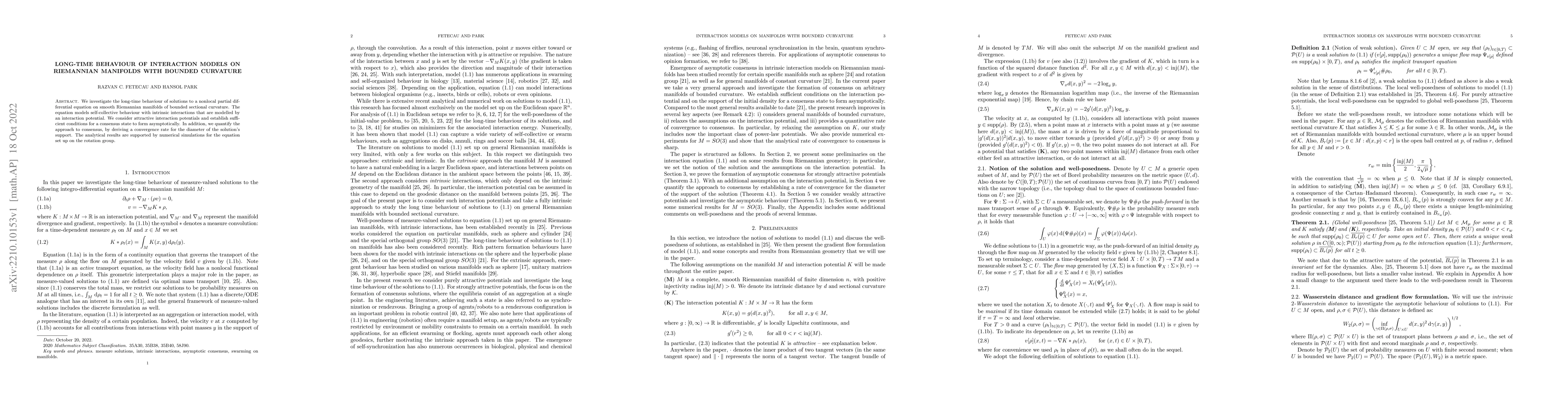 Thumbnail for Long-time behaviour of interaction models on Riemannian manifolds with
  bounded curvature