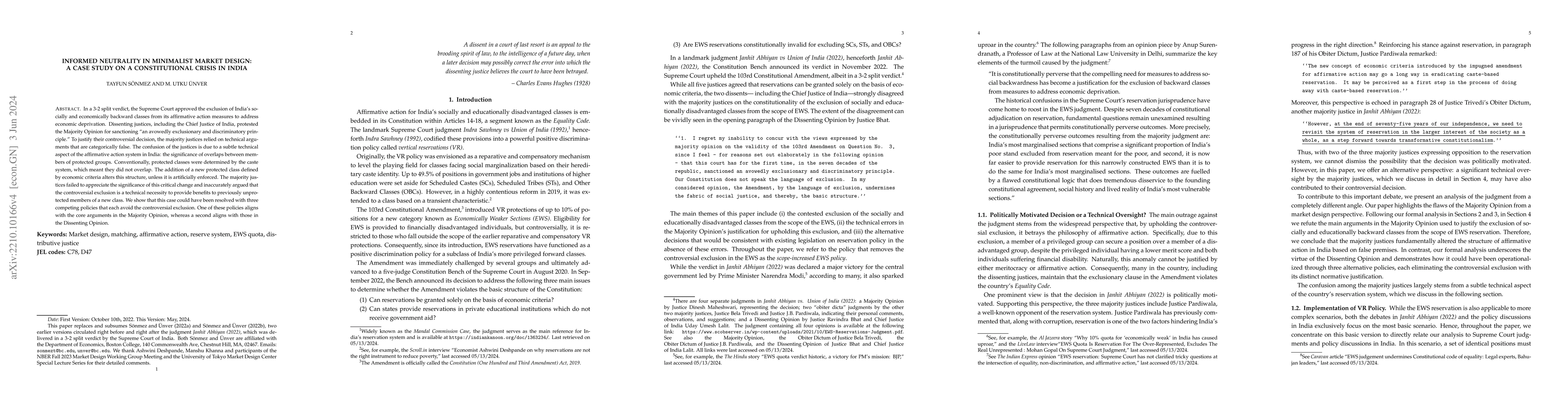 Thumbnail for Informed Neutrality in Minimalist Market Design: A Case Study on a
  Constitutional Crisis in India