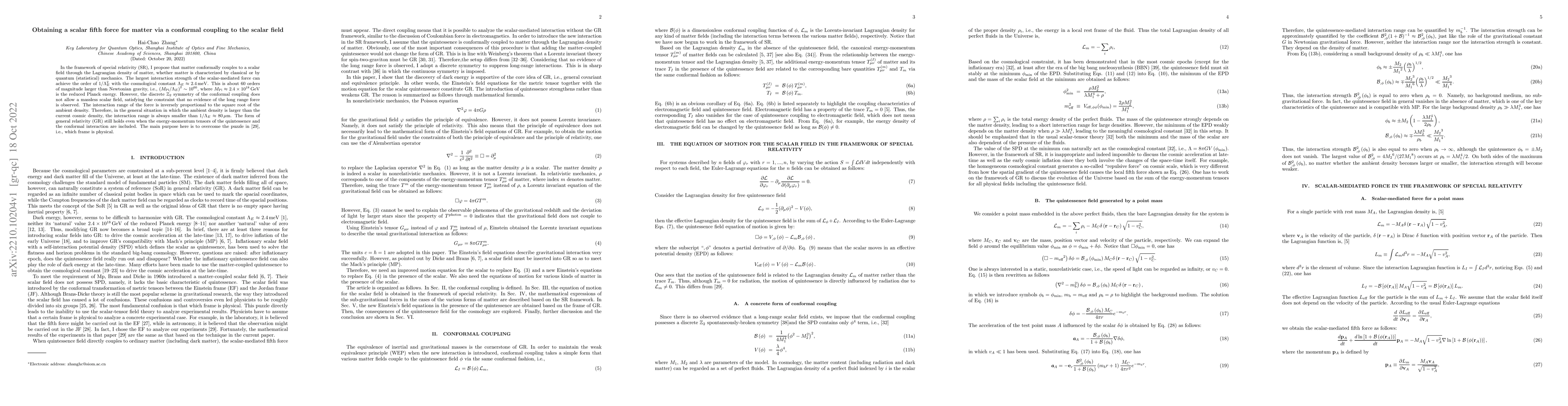 Thumbnail for Obtaining a scalar fifth force for matter via a conformal coupling to
  the scalar field