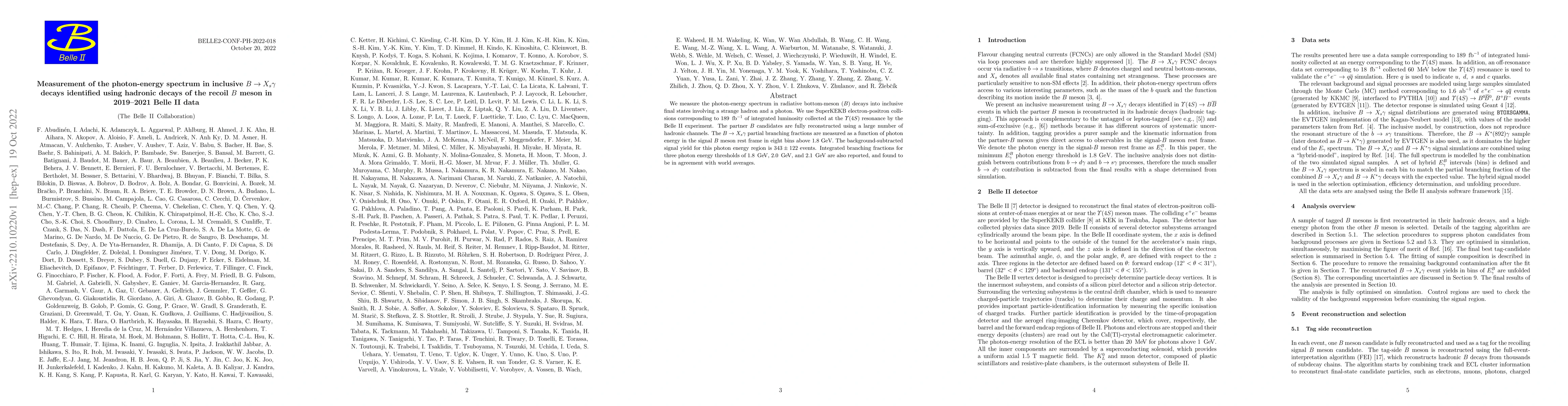 Thumbnail for Measurement of the photon-energy spectrum in inclusive $B\rightarrow
  X_{s}\gamma$ decays identified using hadronic decays of the recoil $B$ meson
  in 2019-2021 Belle II data