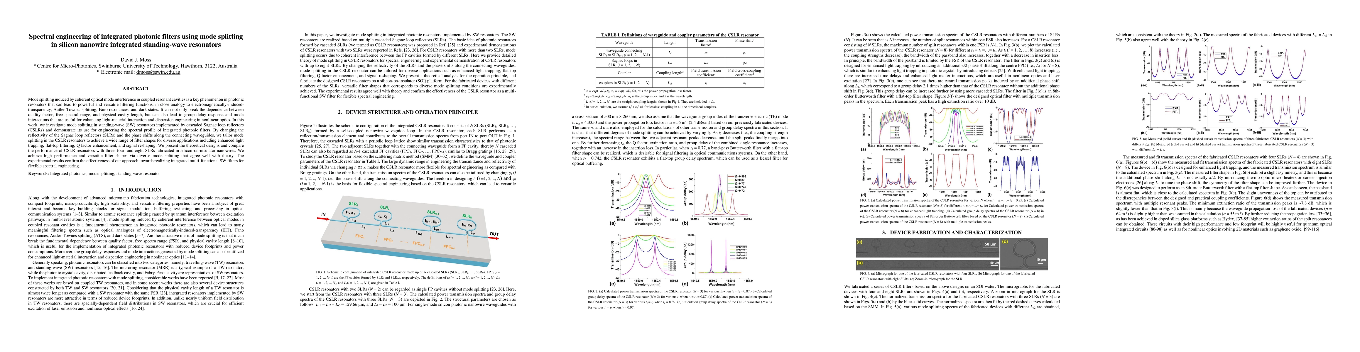 Thumbnail for Spectral engineering of integrated photonic filters using mode splitting
  in silicon nanowire integrated standing-wave resonators