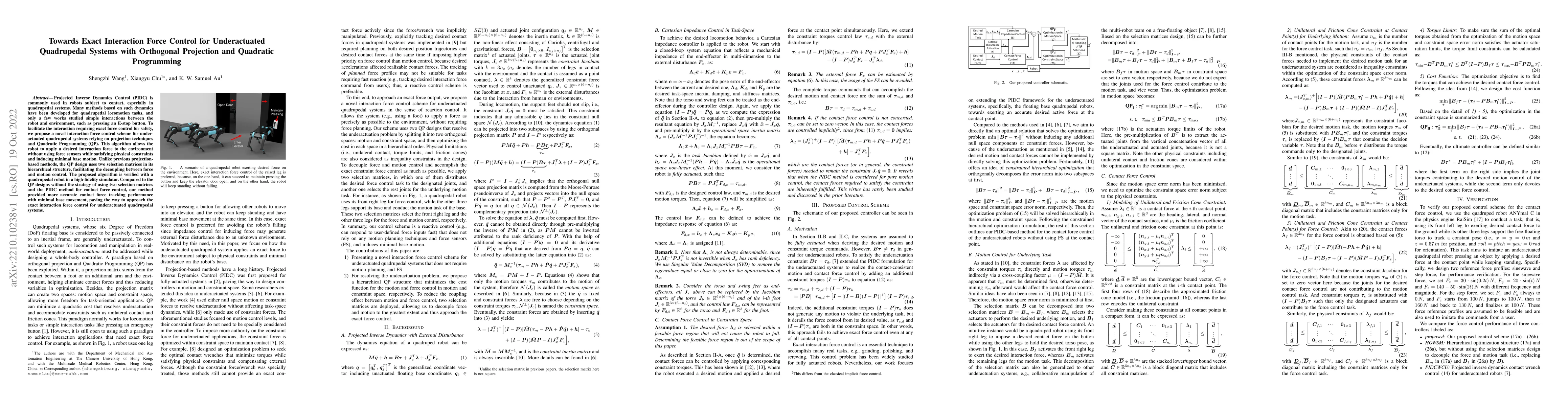 Thumbnail for Towards Exact Interaction Force Control for Underactuated Quadrupedal
  Systems with Orthogonal Projection and Quadratic Programming