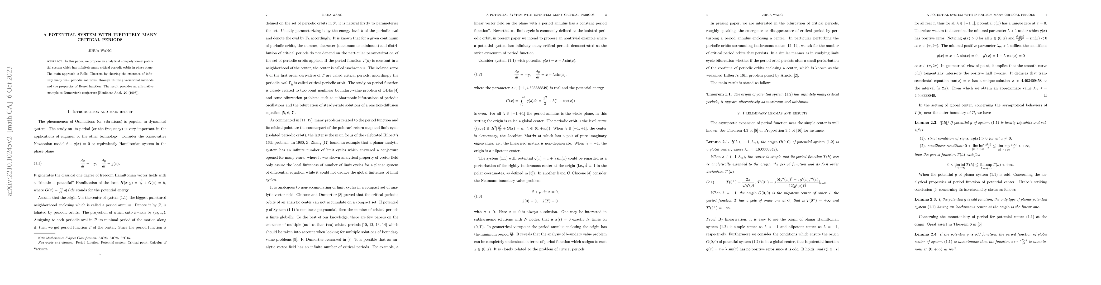 Thumbnail for A potential system with infinitely many critical periods