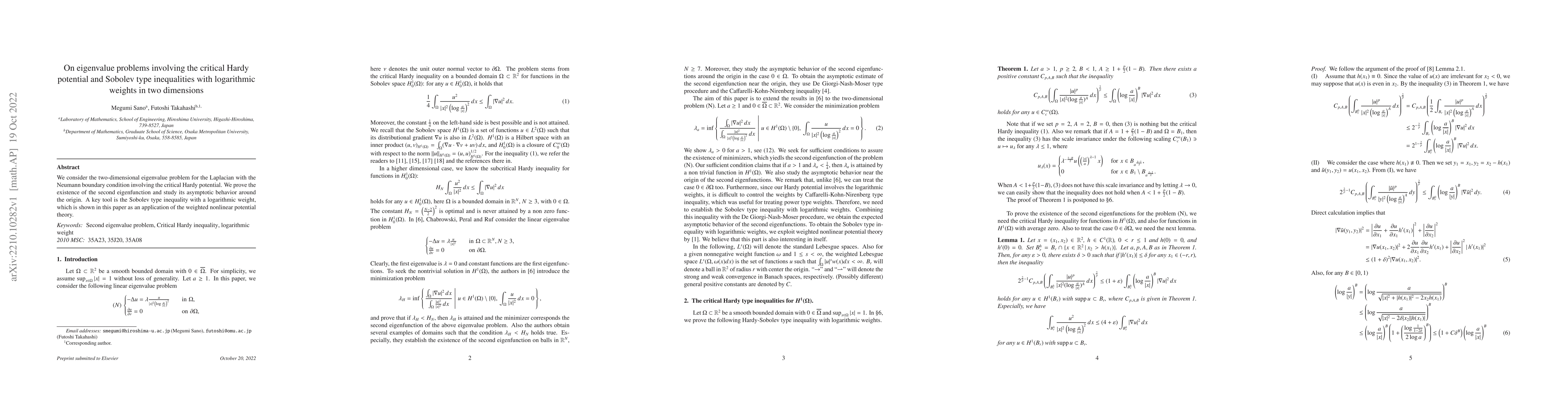 Thumbnail for On eigenvalue problems involving the critical Hardy potential and
  Sobolev type inequalities with logarithmic weights in two dimensions