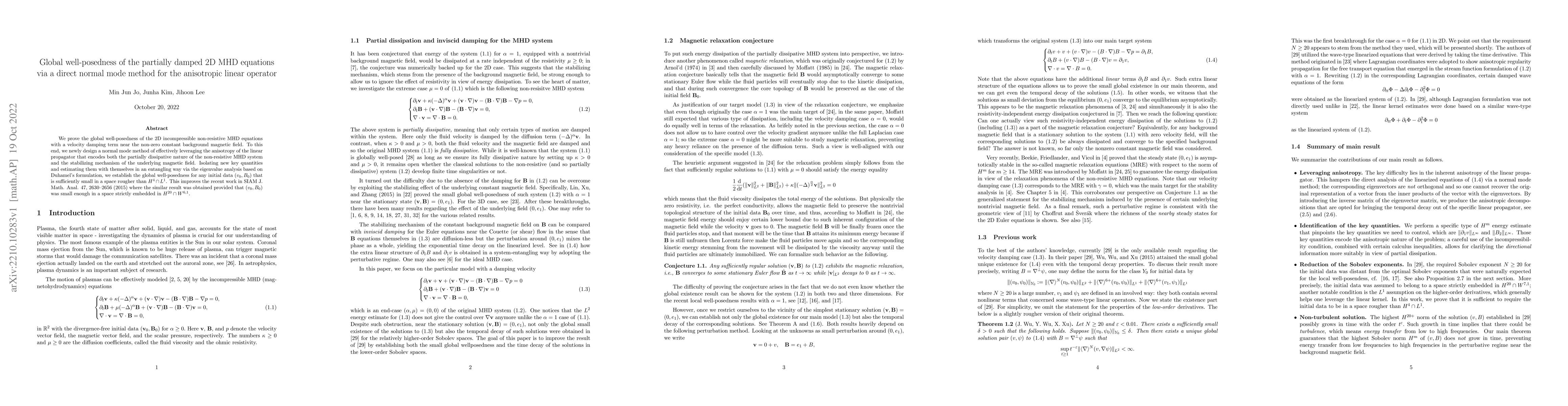 Thumbnail for Global well-posedness of the partially damped 2D MHD equations via a
  direct normal mode method for the anisotropic linear operator