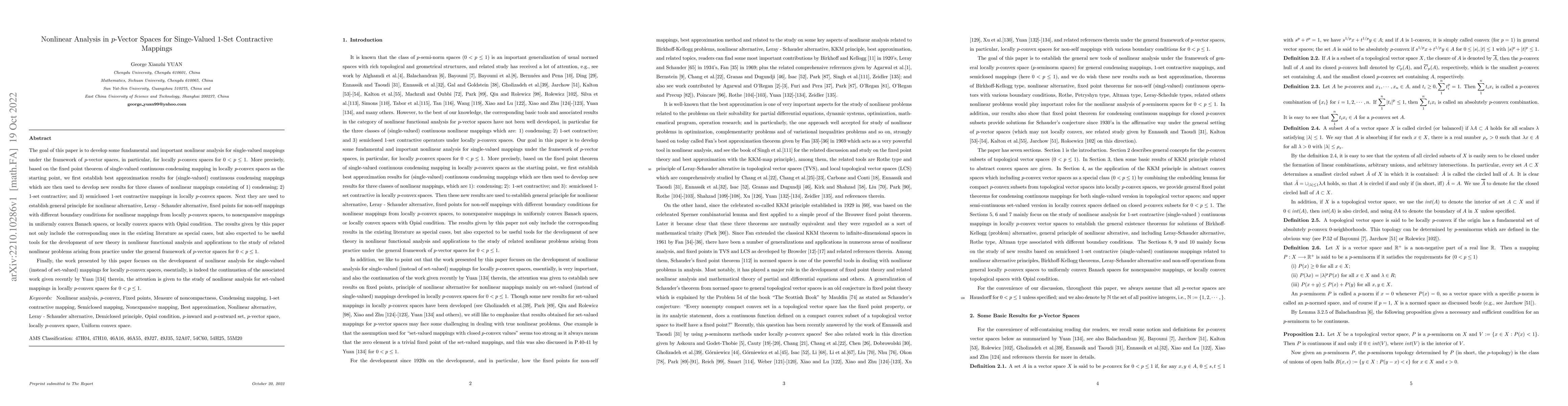 Thumbnail for Nonlinear Analysis in p-Vector Spaces for Singe-Valued 1-Set Contractive
  Mappings