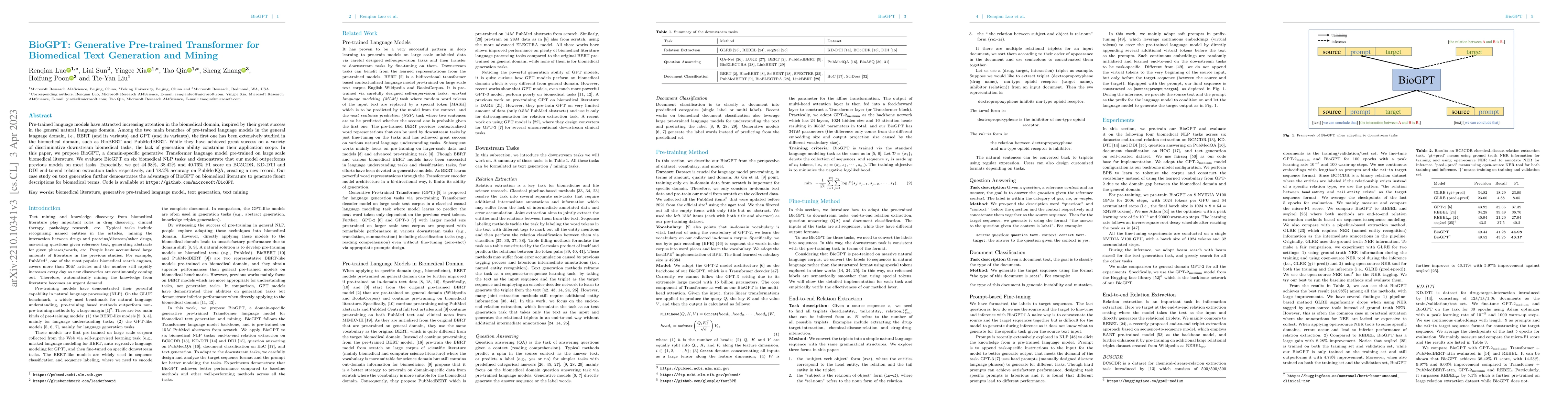 Thumbnail for BioGPT: Generative Pre-trained Transformer for Biomedical Text
  Generation and Mining
