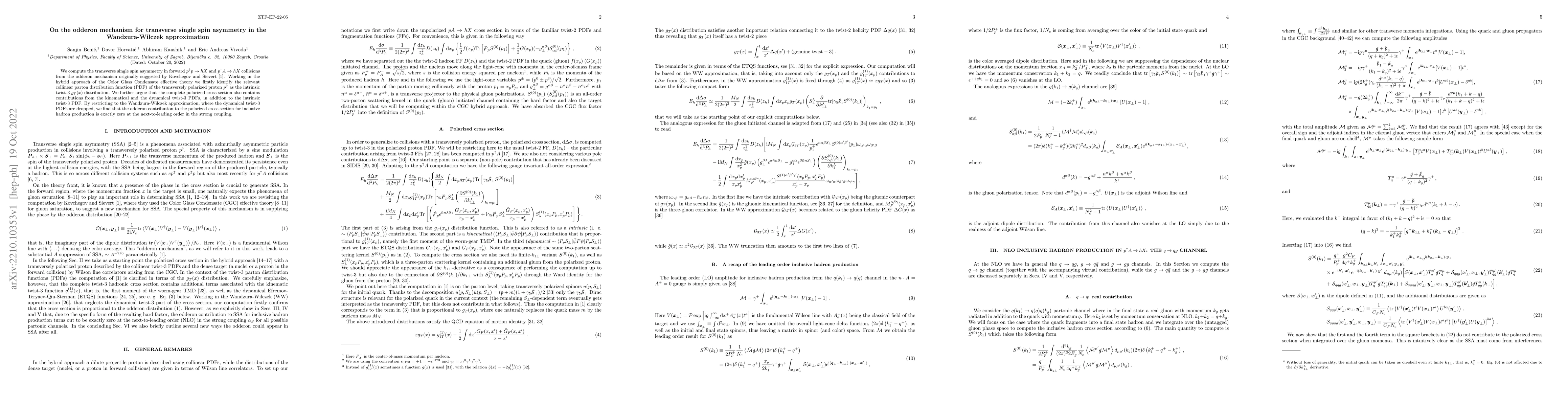 Thumbnail for On the odderon mechanism for transverse single spin asymmetry in the
  Wandzura-Wilczek approximation