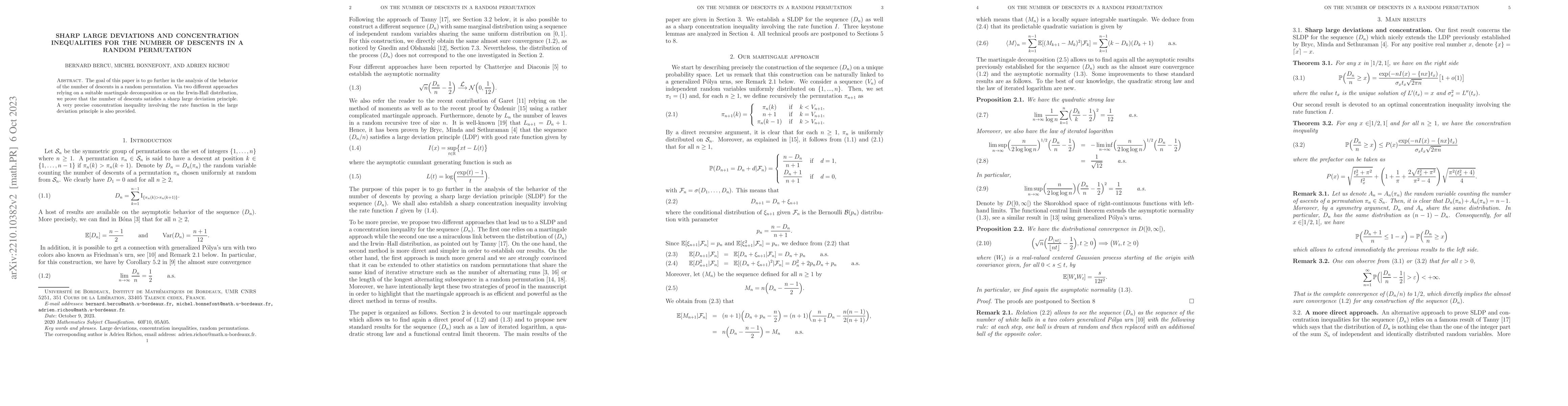 Thumbnail for Sharp large deviations and concentration inequalities for the number of
  descents in a random permutation