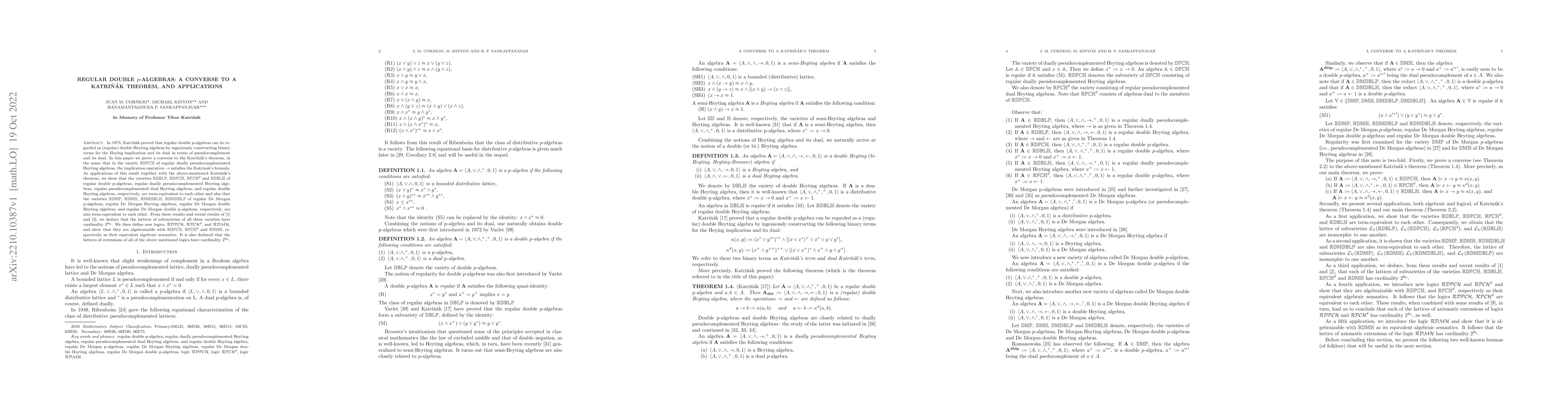 Thumbnail for Regular Double $p$-Algebras: A converse to a Katri\v{n}\'{a}k's Theorem,
  and Applications