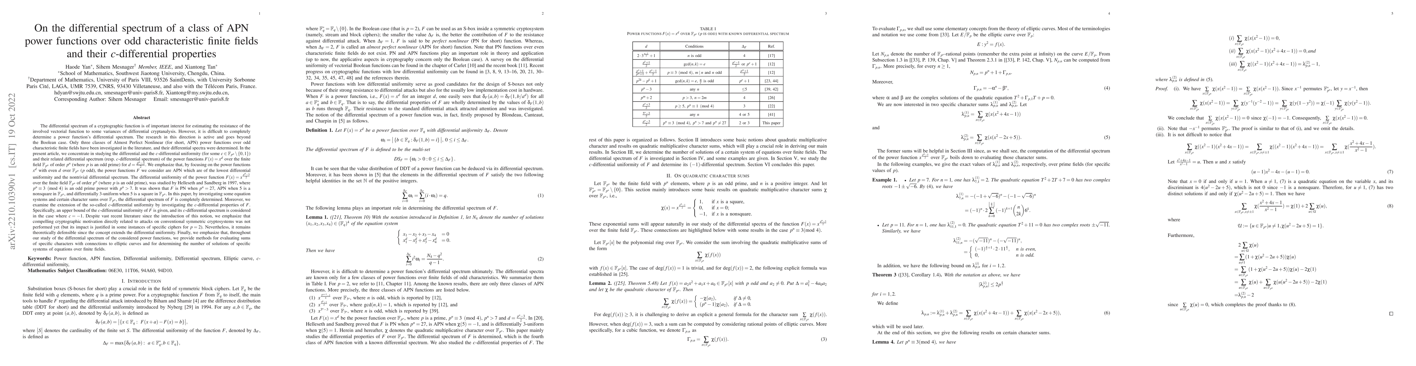Thumbnail for On the differential spectrum of a class of APN power functions over odd
  characteristic finite fields and their $c$-differential properties