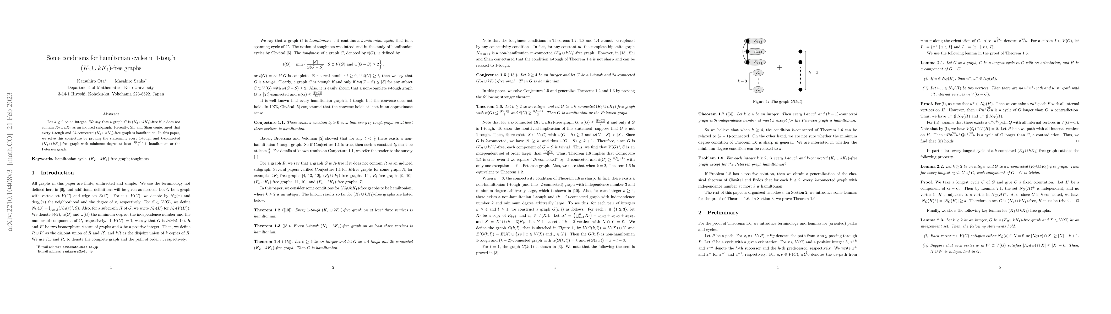 Thumbnail for Some conditions for hamiltonian cycles in 1-tough $(K_2 \cup kK_1)$-free
  graphs