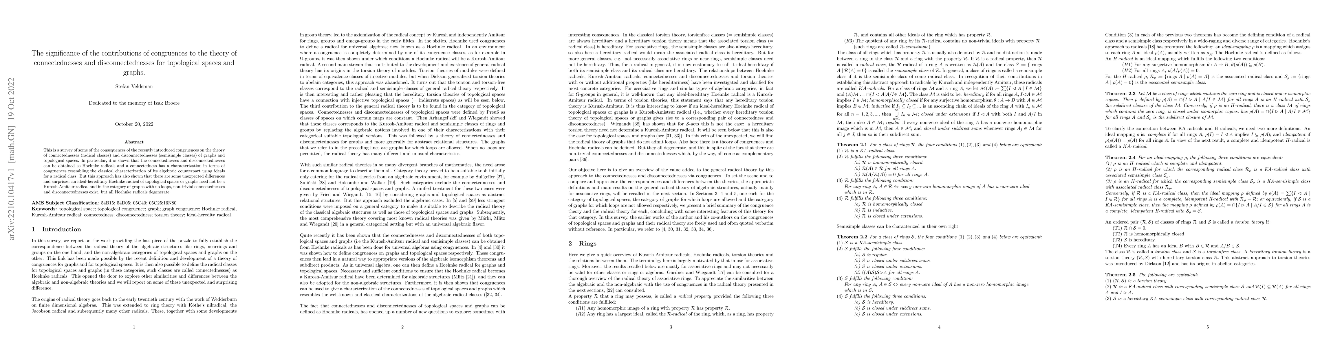 Thumbnail for The significance of the contributions of congruences to the theory of
  connectednesses and disconnectednesses for topological spaces and graphs