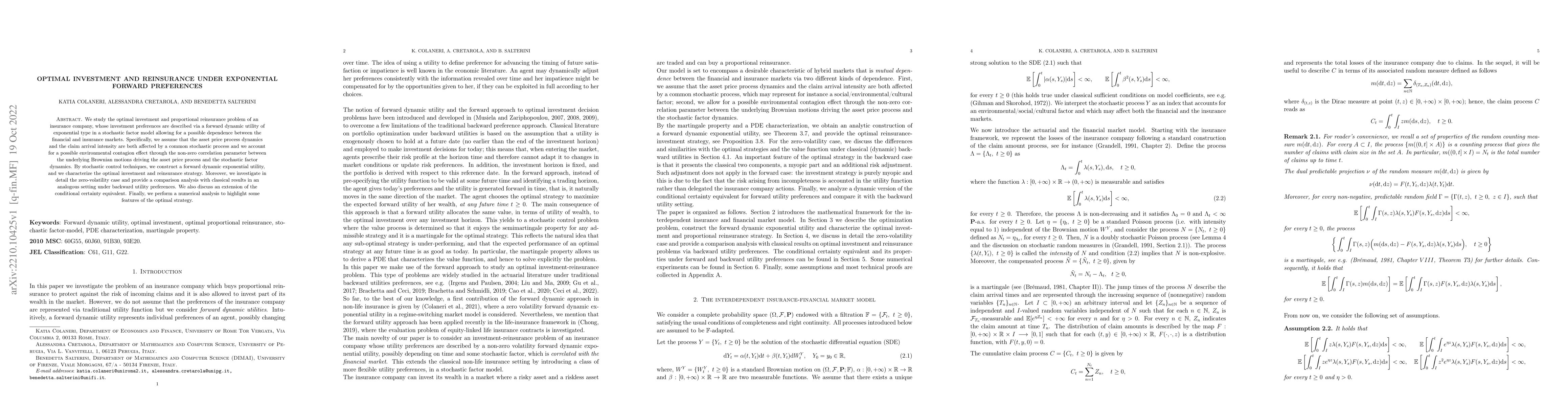 Thumbnail for Optimal investment and reinsurance under exponential forward preferences