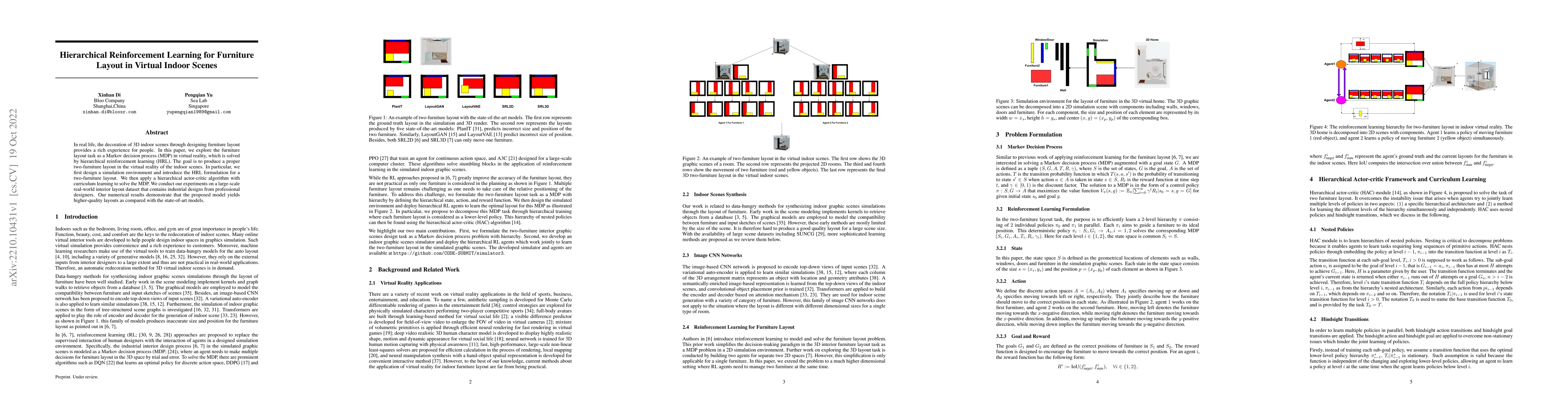 Thumbnail for Hierarchical Reinforcement Learning for Furniture Layout in Virtual
  Indoor Scenes
