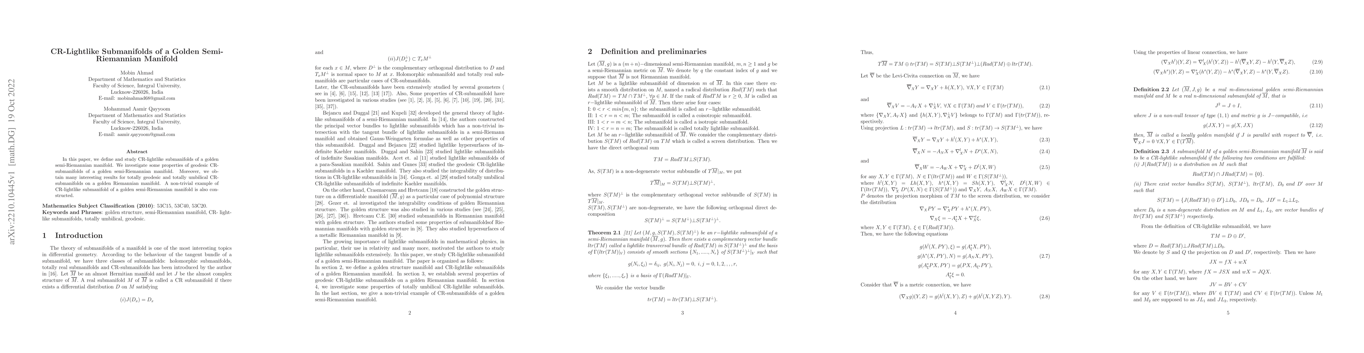 Thumbnail for CR-Lightlike Submanifolds of a Golden Semi-Riemannian Manifold