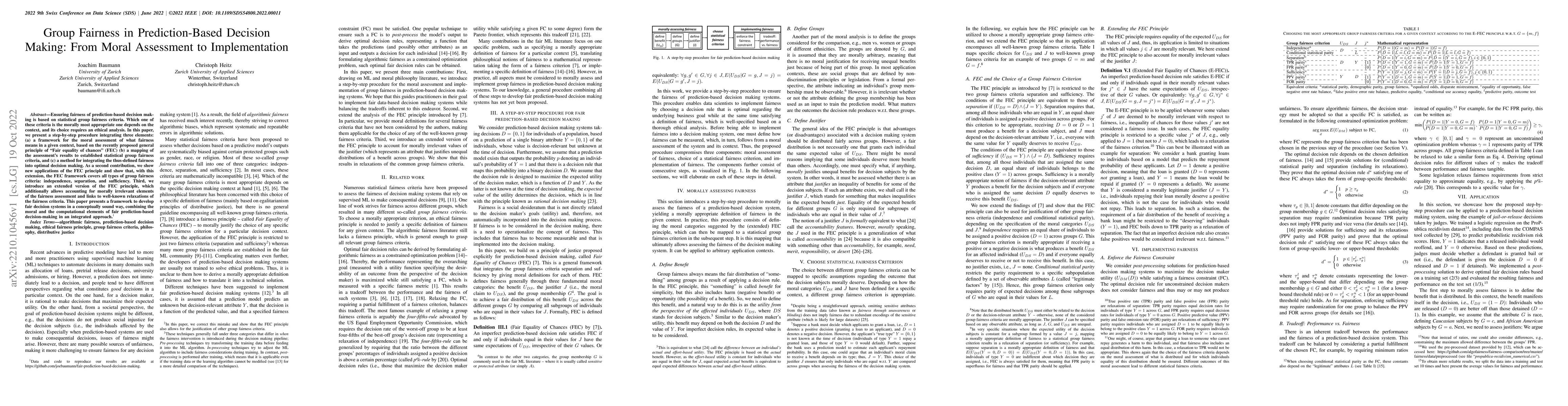 Thumbnail for Group Fairness in Prediction-Based Decision Making: From Moral
  Assessment to Implementation