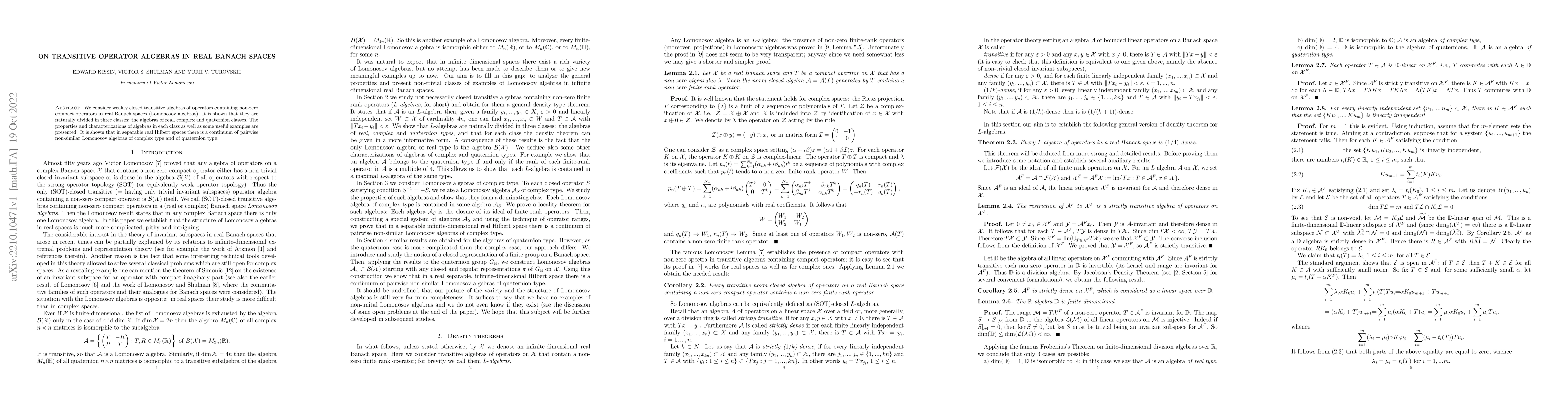 Thumbnail for On transitive operator algebras in real Banach spaces