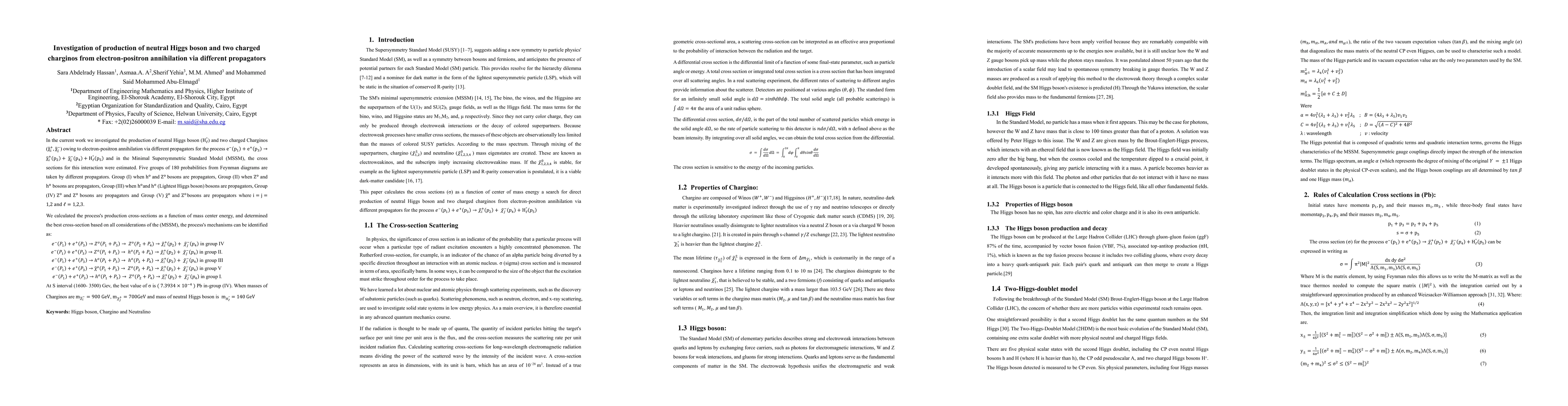 Thumbnail for Investigation of production of neutral Higgs boson and two charged
  charginos from electron-positron annihilation via different propagators