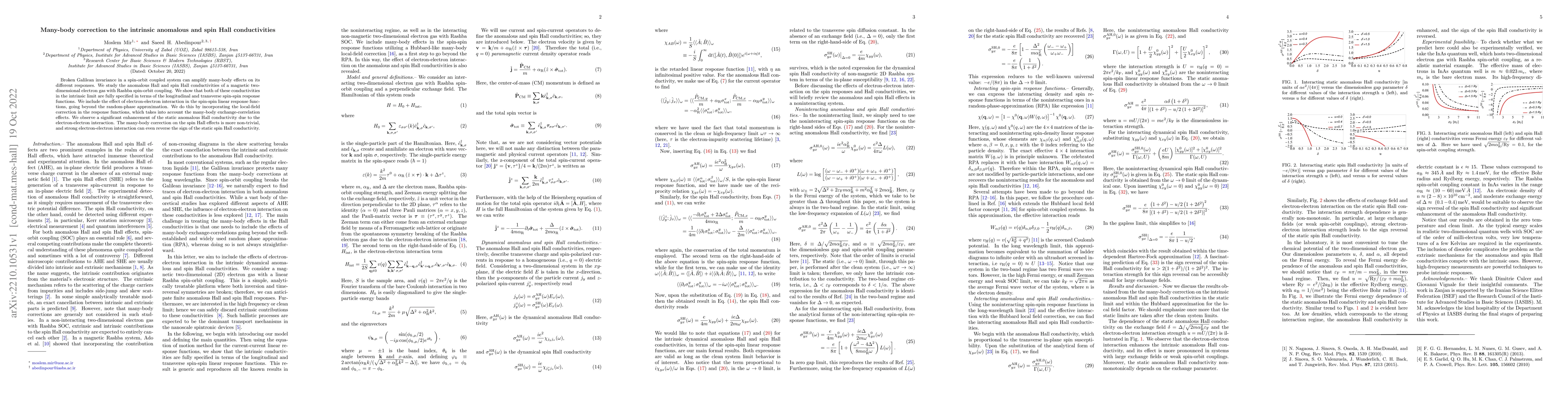 Thumbnail for Many-body correction to the intrinsic anomalous and spin Hall
  conductivities