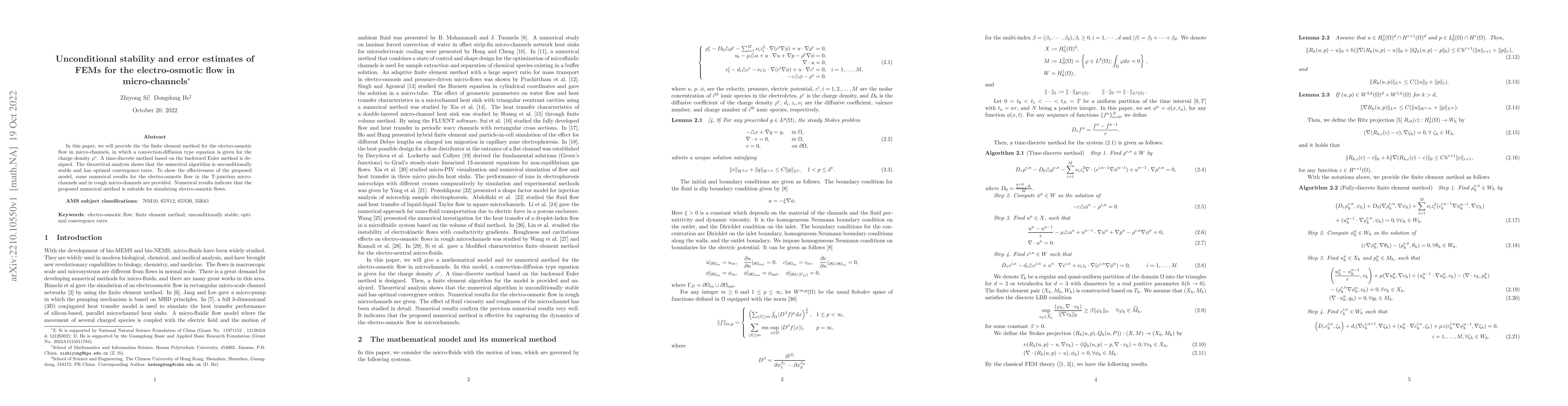 Thumbnail for Unconditional stability and error estimates of FEMs for the
  electro-osmotic flow in micro-channels