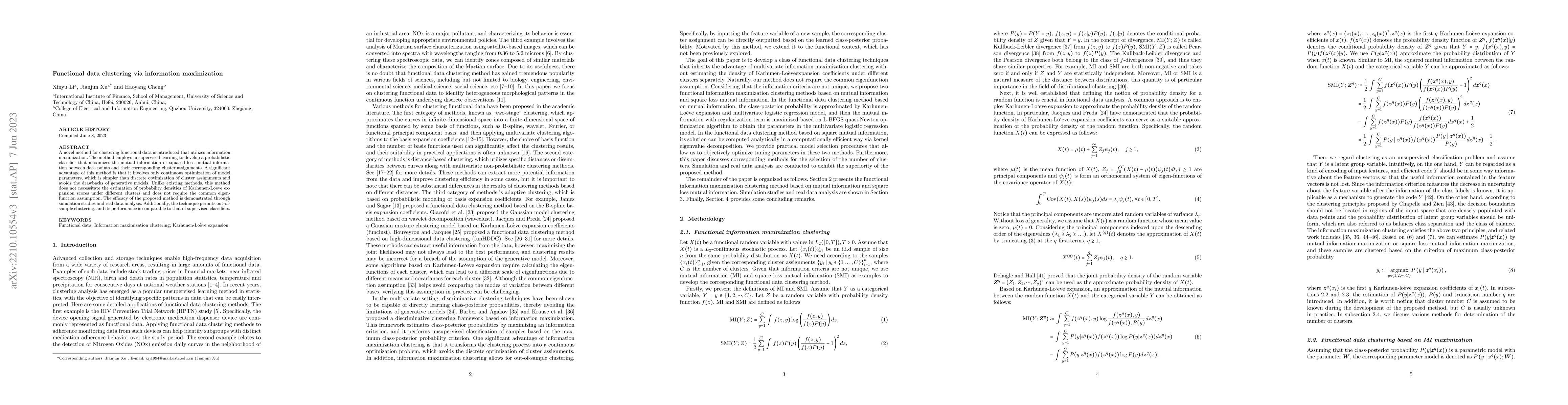 Thumbnail for Functional data clustering via information maximization