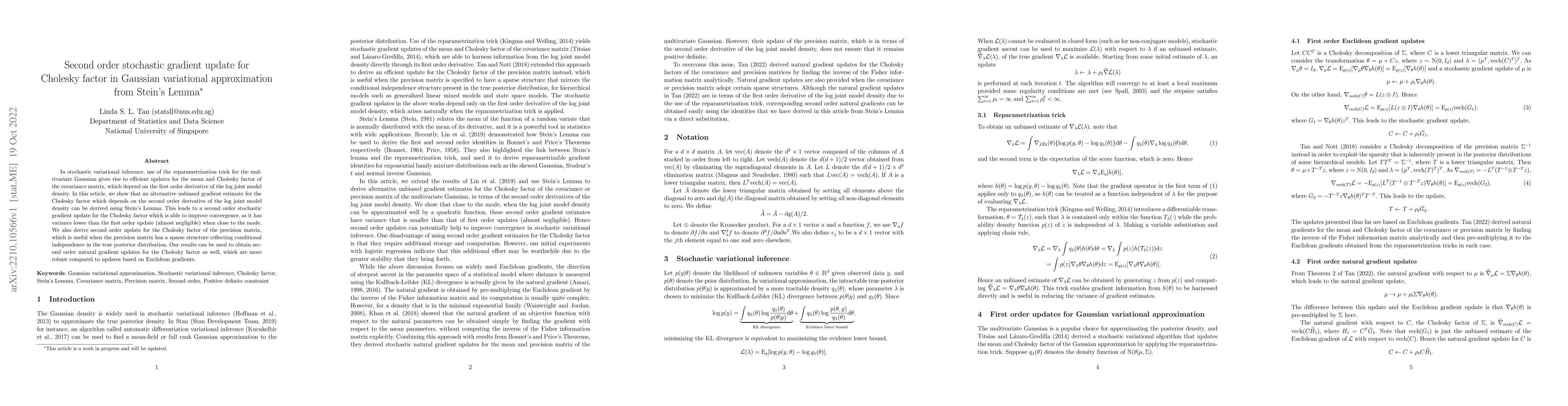 Thumbnail for Second order stochastic gradient update for Cholesky factor in Gaussian
  variational approximation from Stein's Lemma