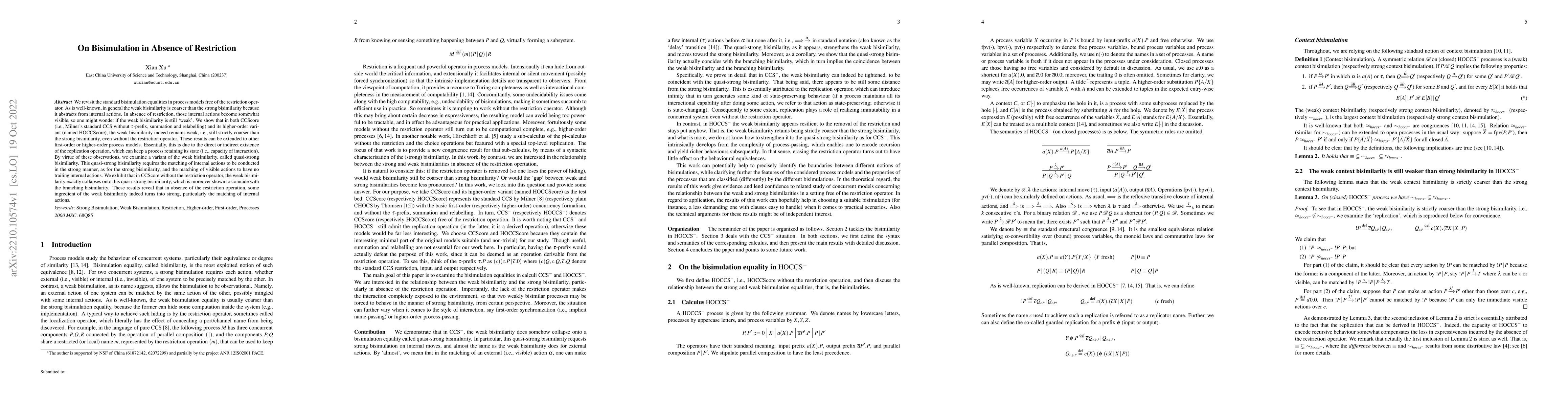 Thumbnail for On Bisimulation in Absence of Restriction