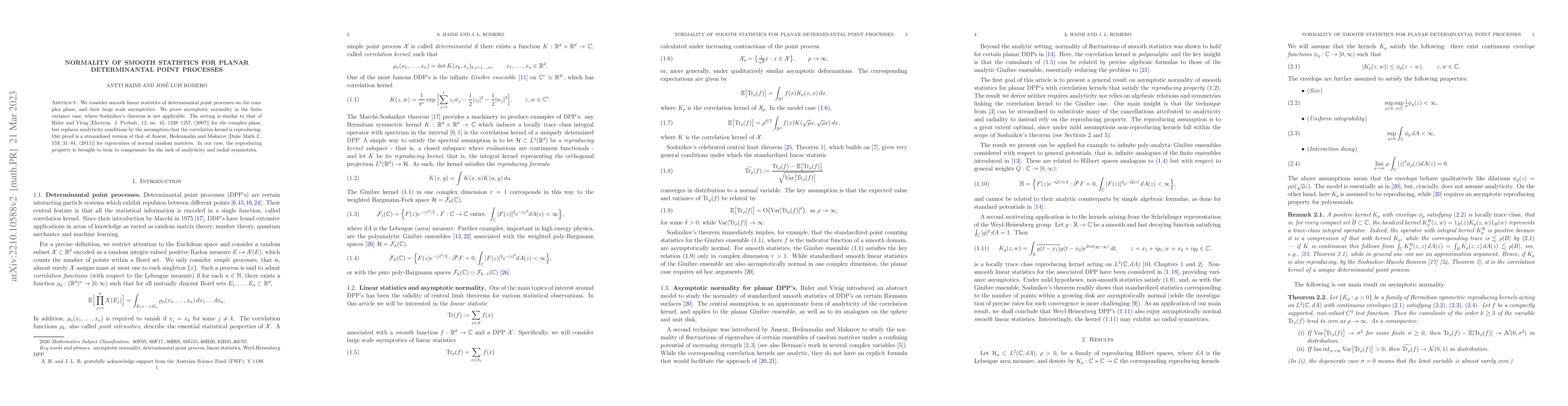 Thumbnail for Normality of smooth statistics for planar determinantal point processes