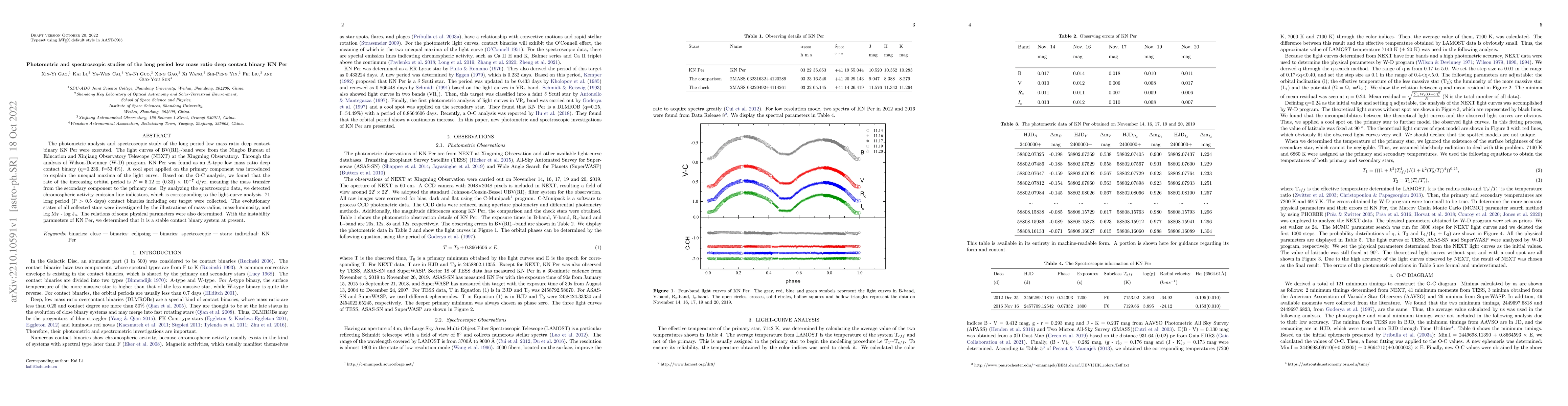 Thumbnail for Photometric and spectroscopic studies of the long period low mass ratio
  deep contact binary KN Per