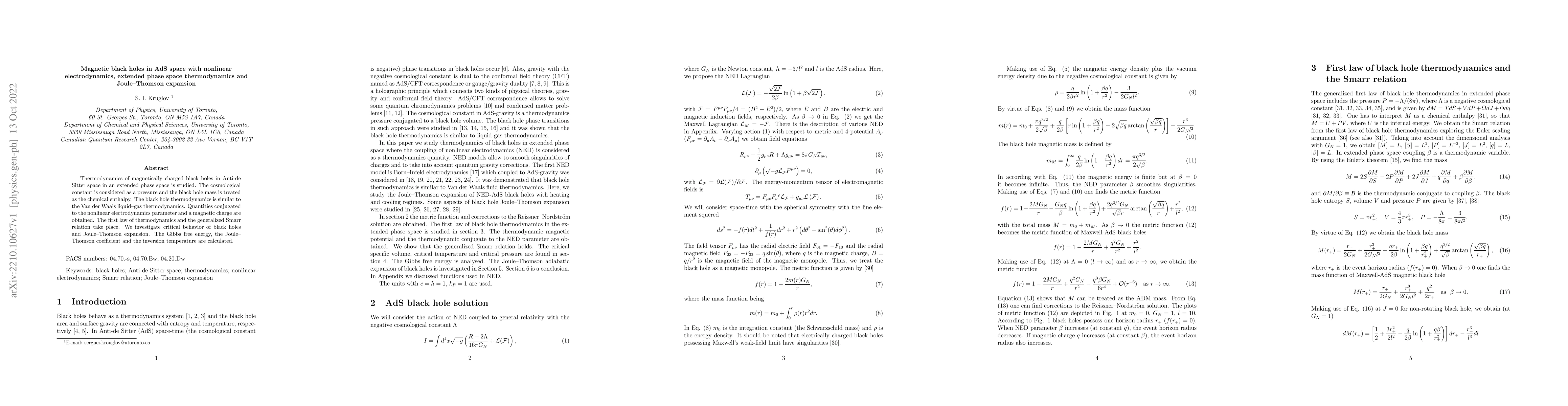 Thumbnail for Magnetic black holes in AdS space with nonlinear electrodynamics,
  extended phase space thermodynamics and Joule--Thomson expansion