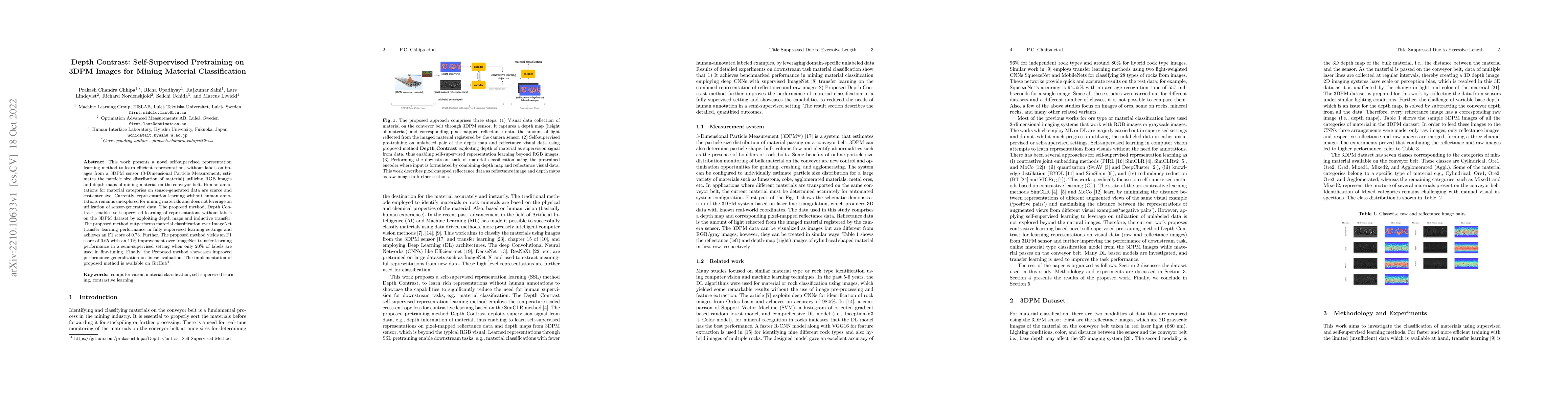 Thumbnail for Depth Contrast: Self-Supervised Pretraining on 3DPM Images for Mining
  Material Classification