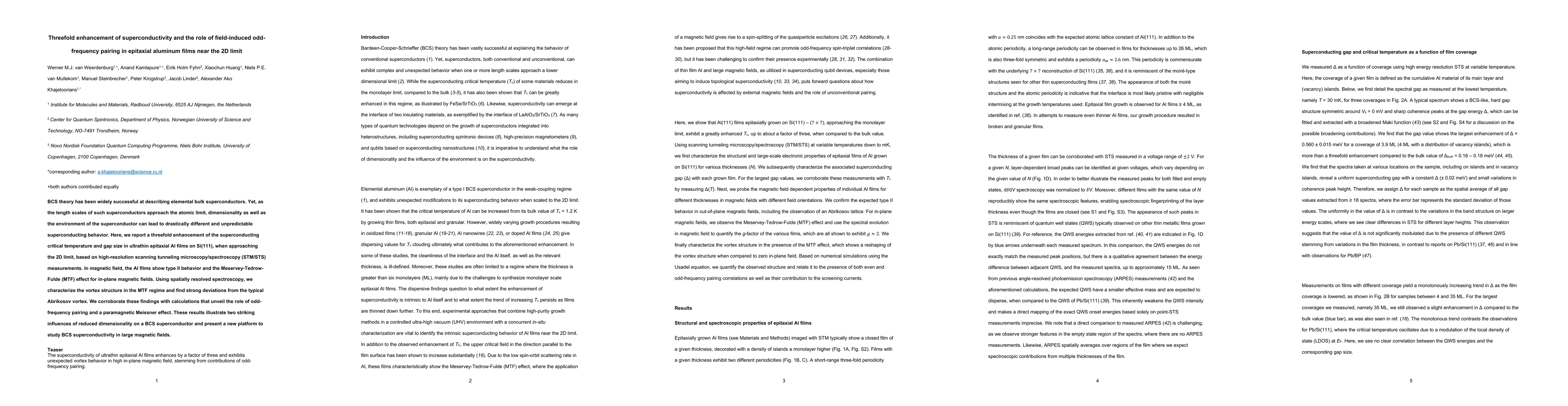 Thumbnail for Threefold enhancement of superconductivity and the role of field-induced
  odd-frequency pairing in epitaxial aluminum films near the 2D limit