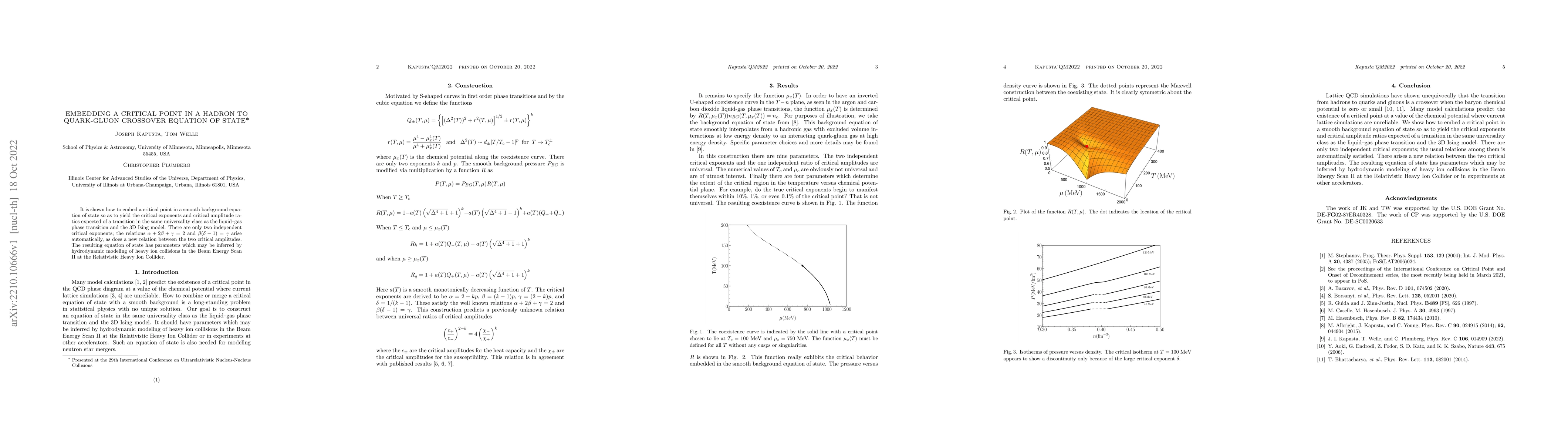 Thumbnail for Embedding a Critical Point in a Hadron to Quark-Gluon Crossover Equation
  of State