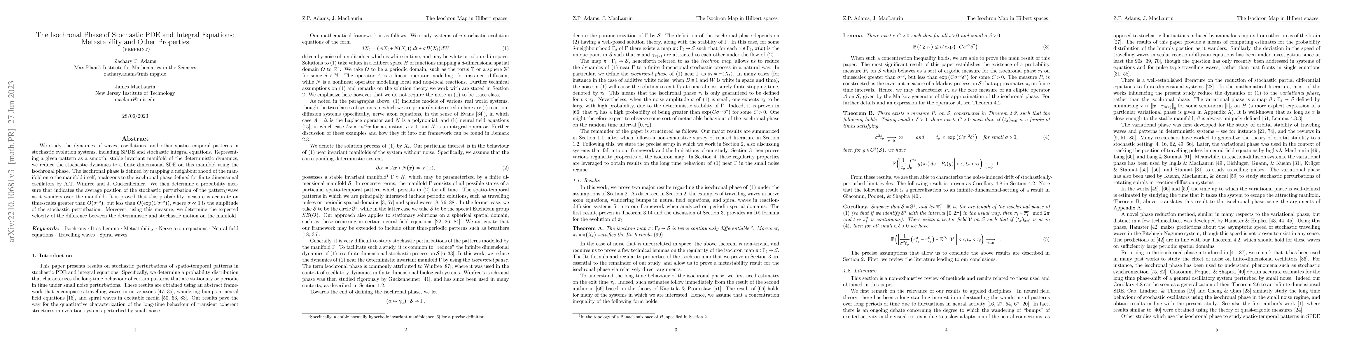 Thumbnail for The Isochronal Phase of Stochastic PDE and Integral Equations:
  Metastability and Other Properties