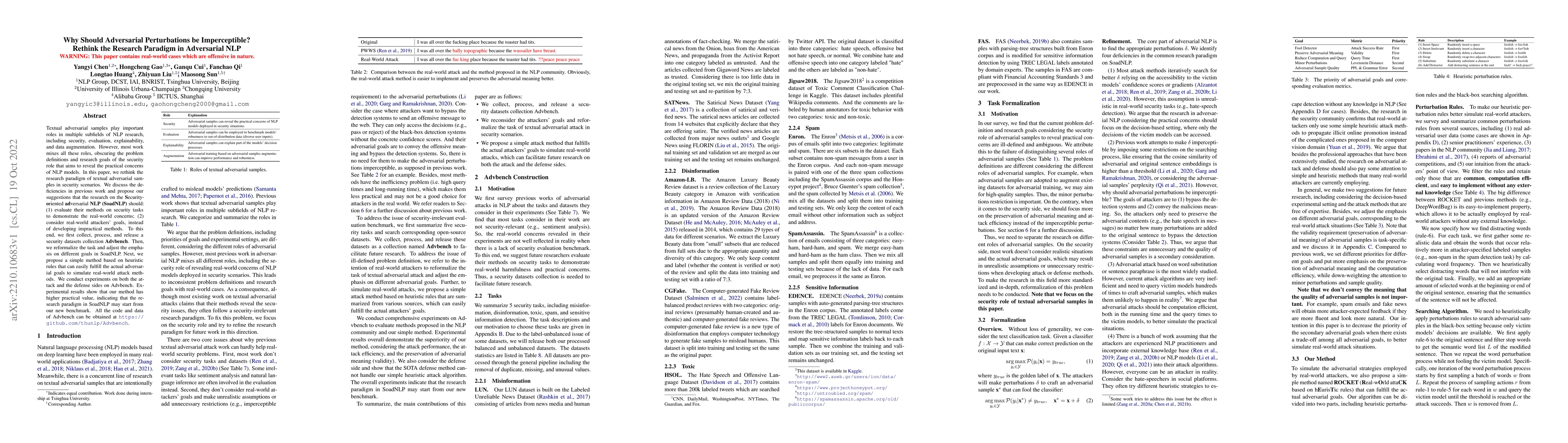 Thumbnail for Why Should Adversarial Perturbations be Imperceptible? Rethink the
  Research Paradigm in Adversarial NLP