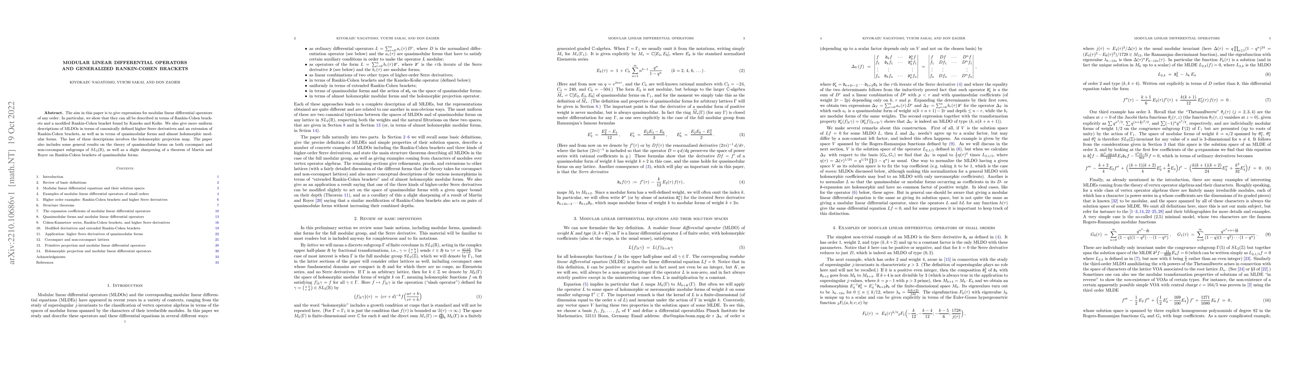 Thumbnail for Modular Linear Differential Operators and Generalized Rankin-Cohen
  Brackets