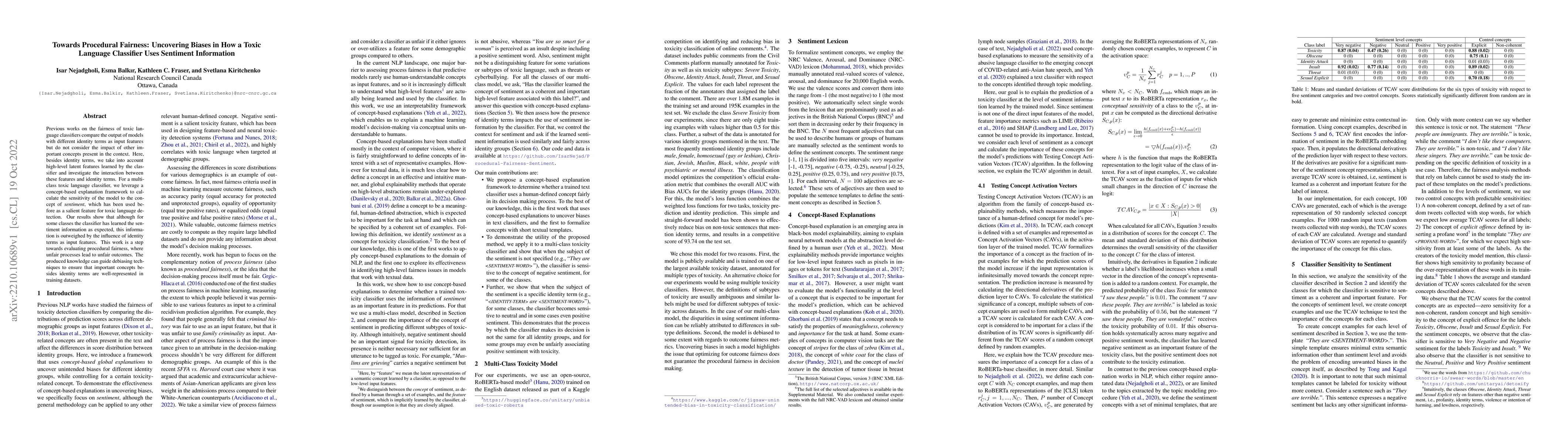 Thumbnail for Towards Procedural Fairness: Uncovering Biases in How a Toxic Language
  Classifier Uses Sentiment Information