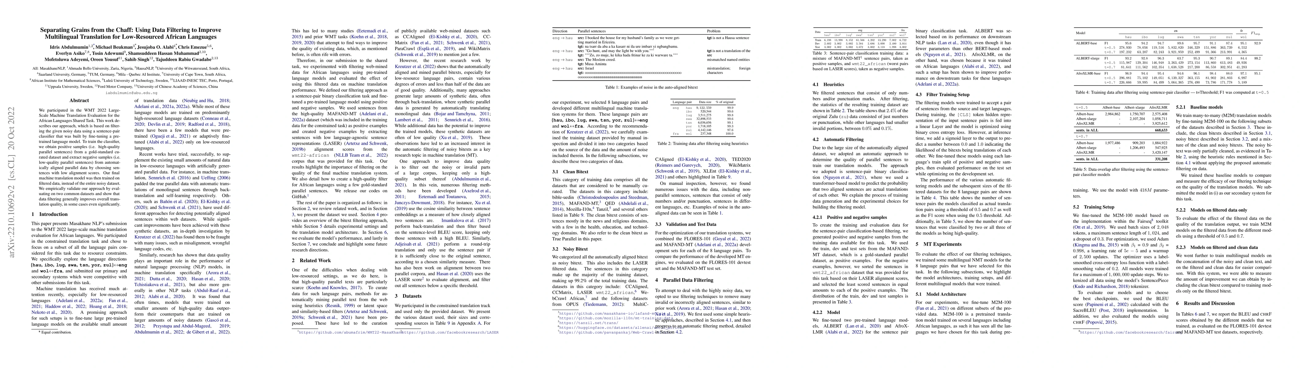 Thumbnail for Separating Grains from the Chaff: Using Data Filtering to Improve
  Multilingual Translation for Low-Resourced African Languages
