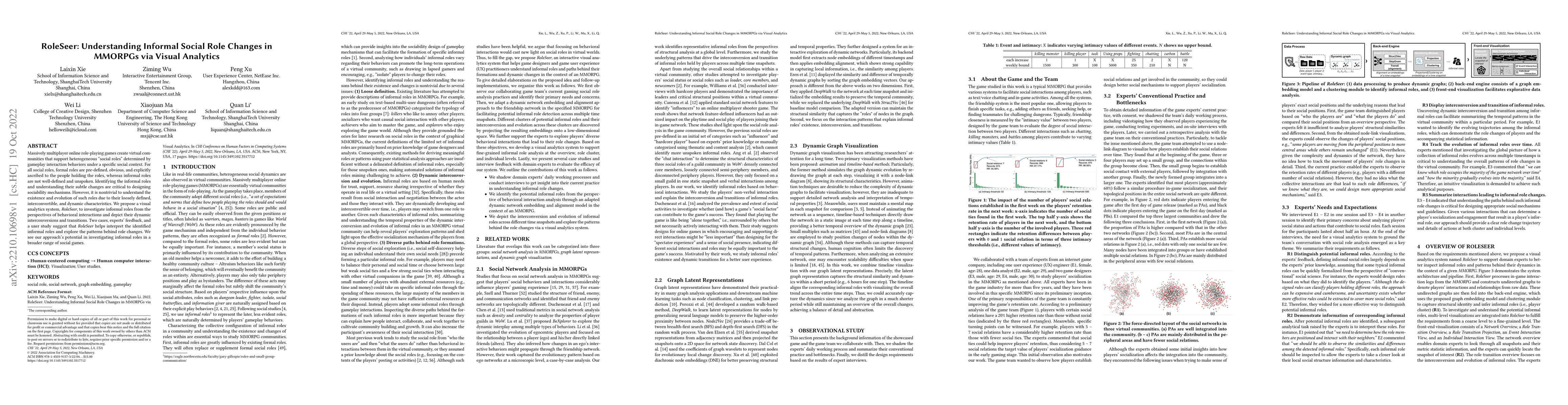 Thumbnail for RoleSeer: Understanding Informal Social Role Changes in MMORPGs via
  Visual Analytics