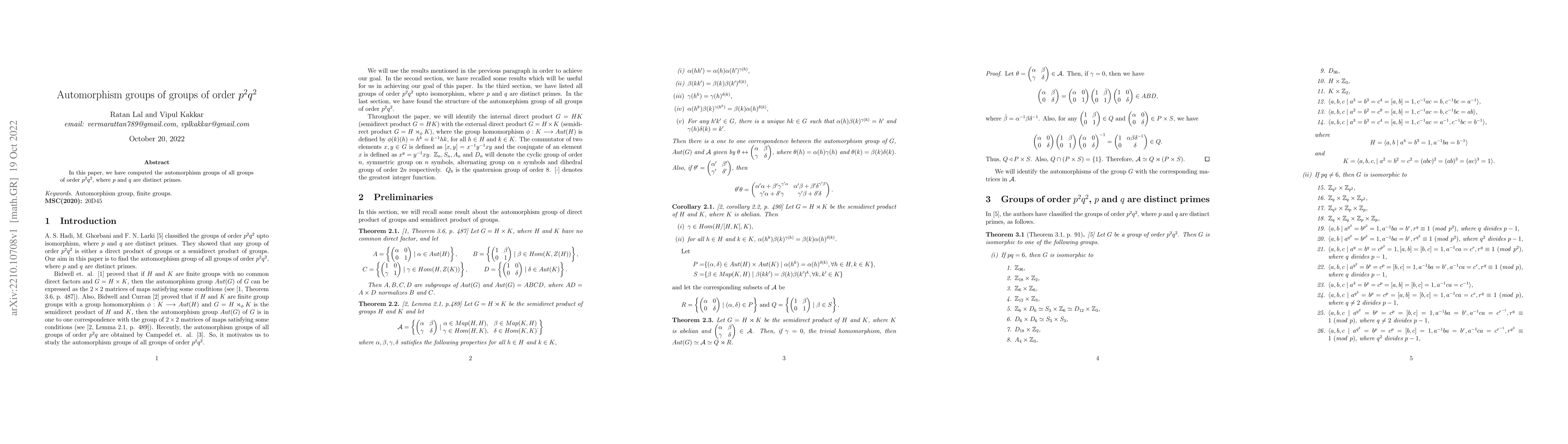 Thumbnail for Automorphism groups of groups of order $p^{2}q^{2}$