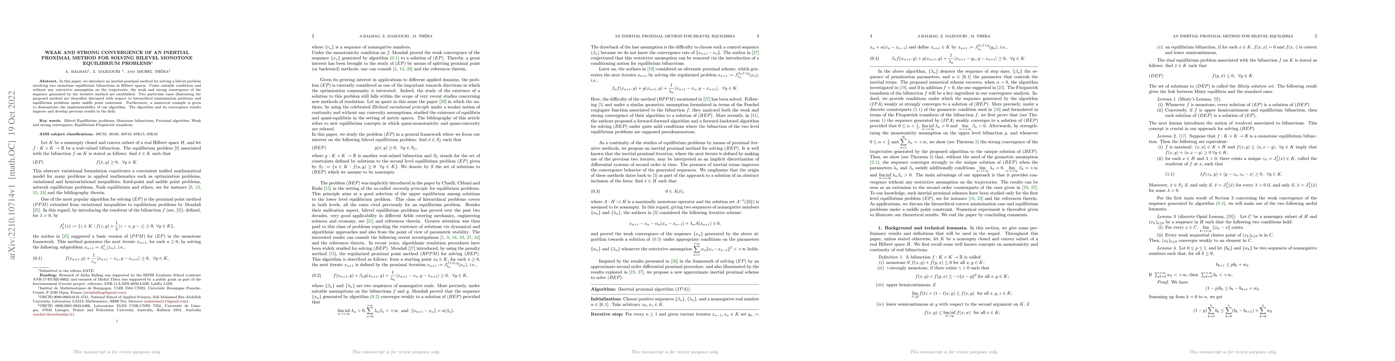 Thumbnail for Weak and strong convergence of an inertial proximal method for solving
  bilevel monotone equilibrium problems