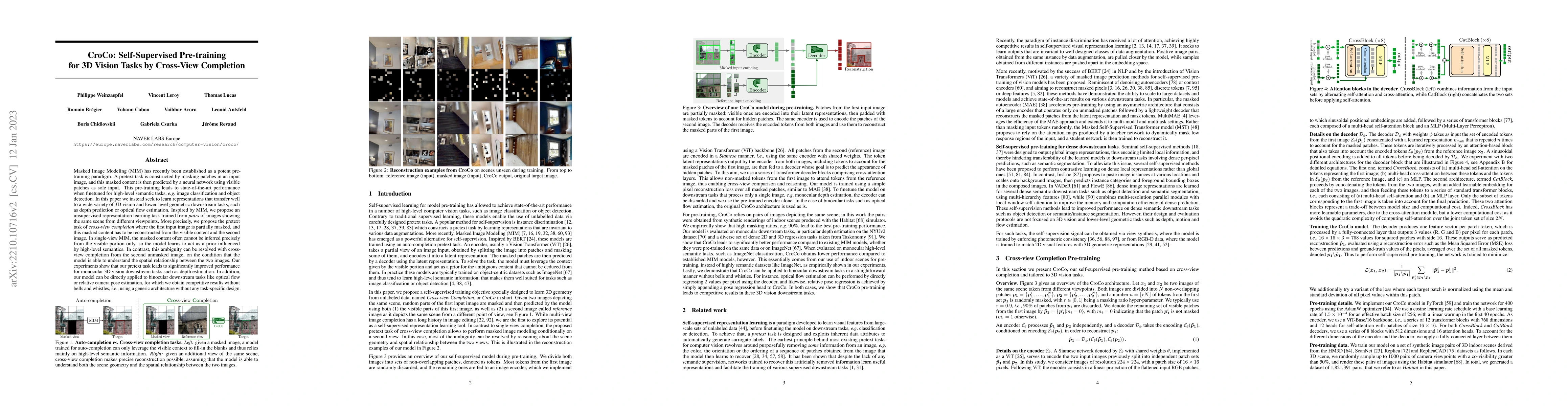 Thumbnail for CroCo: Self-Supervised Pre-training for 3D Vision Tasks by Cross-View
  Completion