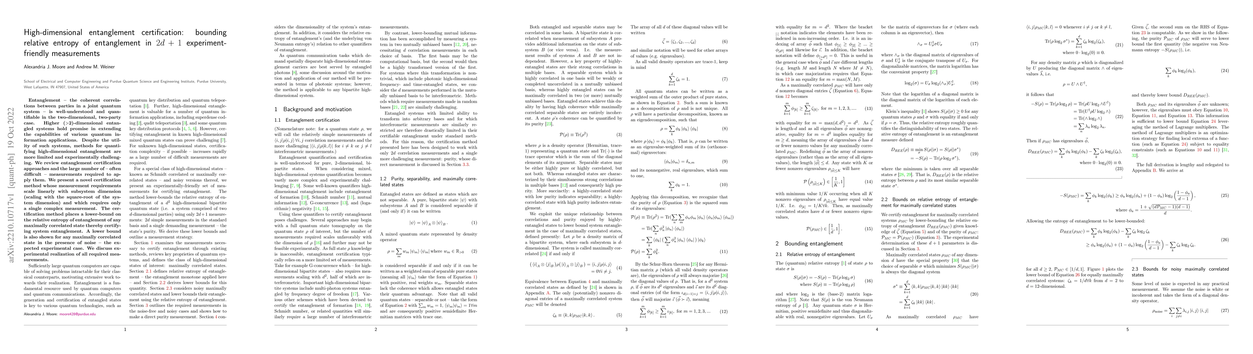 Thumbnail for High-dimensional entanglement certification: bounding relative entropy
  of entanglement in $2d+1$ experiment-friendly measurements