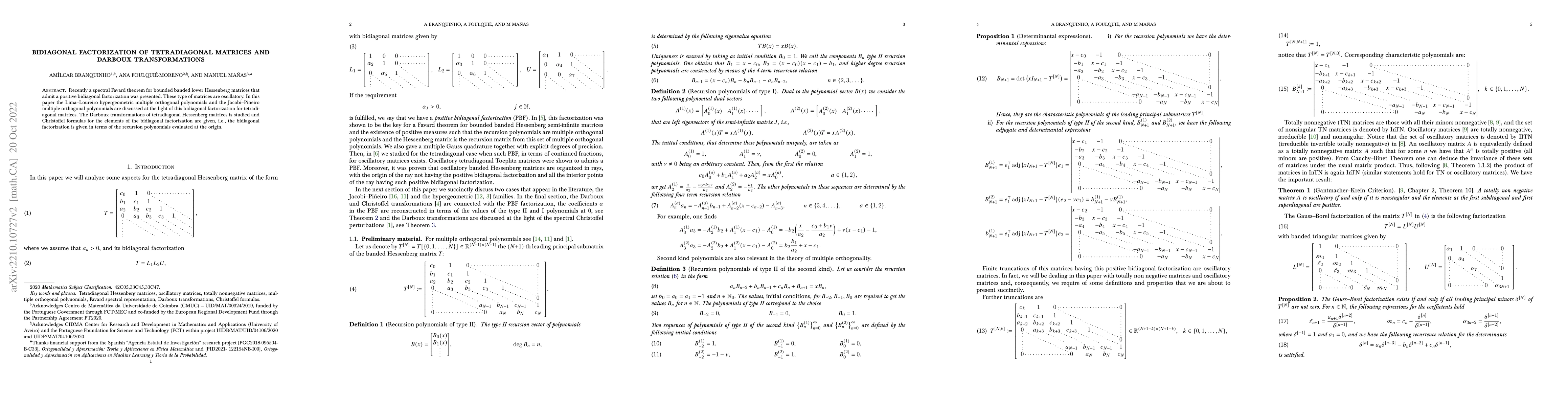Thumbnail for Bidiagonal factorization of tetradiagonal matrices and Darboux
  transformations