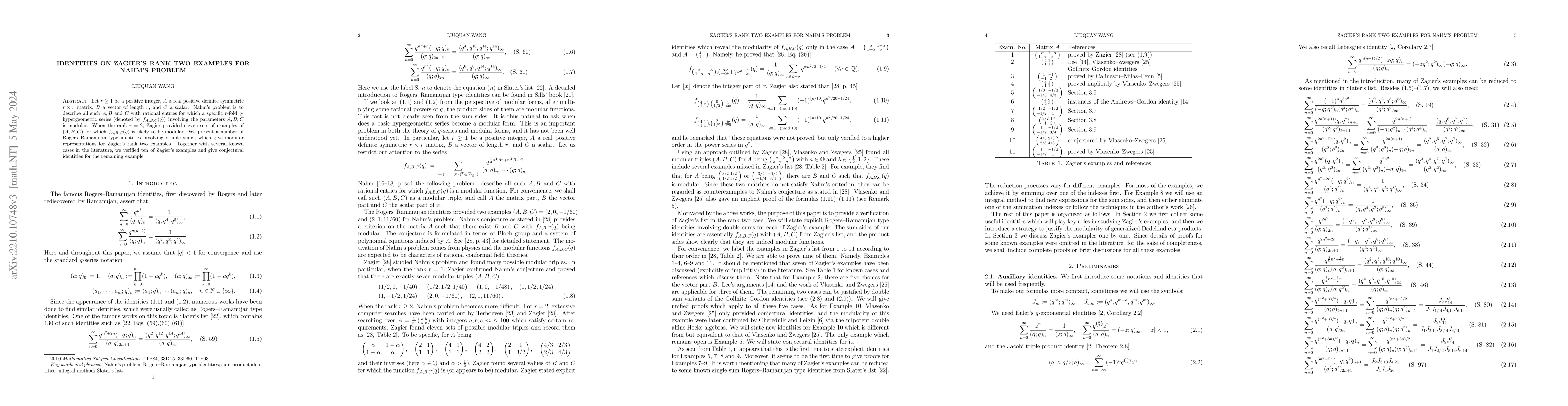 Thumbnail for Identities on Zagier's rank two examples for Nahm's problem