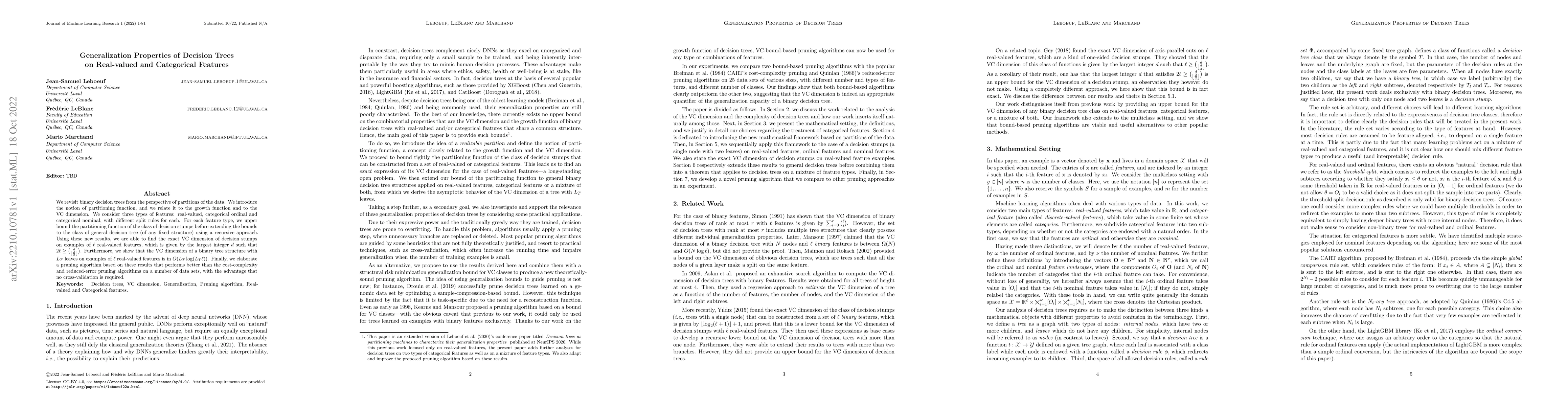 Thumbnail for Generalization Properties of Decision Trees on Real-valued and
  Categorical Features