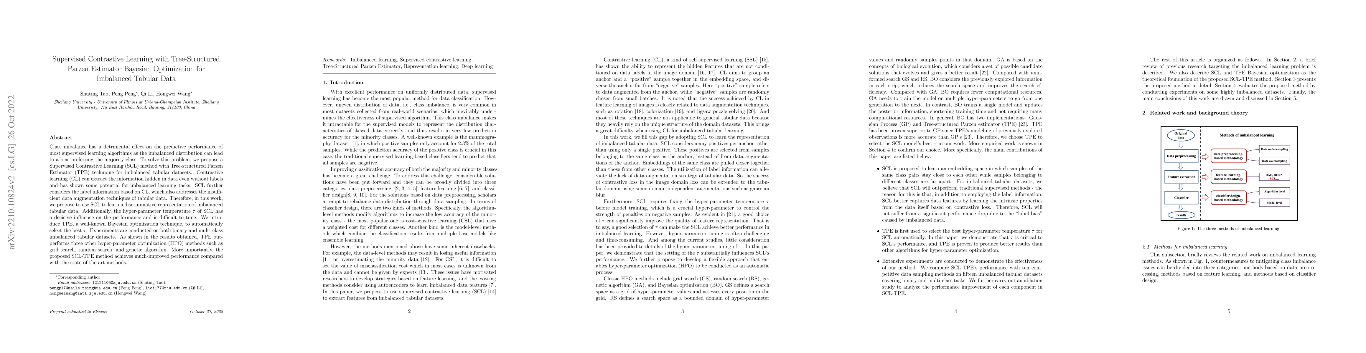 Thumbnail for Supervised Contrastive Learning with Tree-Structured Parzen Estimator
  Bayesian Optimization for Imbalanced Tabular Data